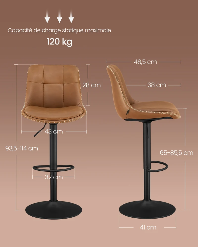 Lot de 4 tabourets de bar pivotants réglables 48.5 x 43 x 93.5-114 cm assise ergonomique style contemporain en PU marron caramel 12_0011458