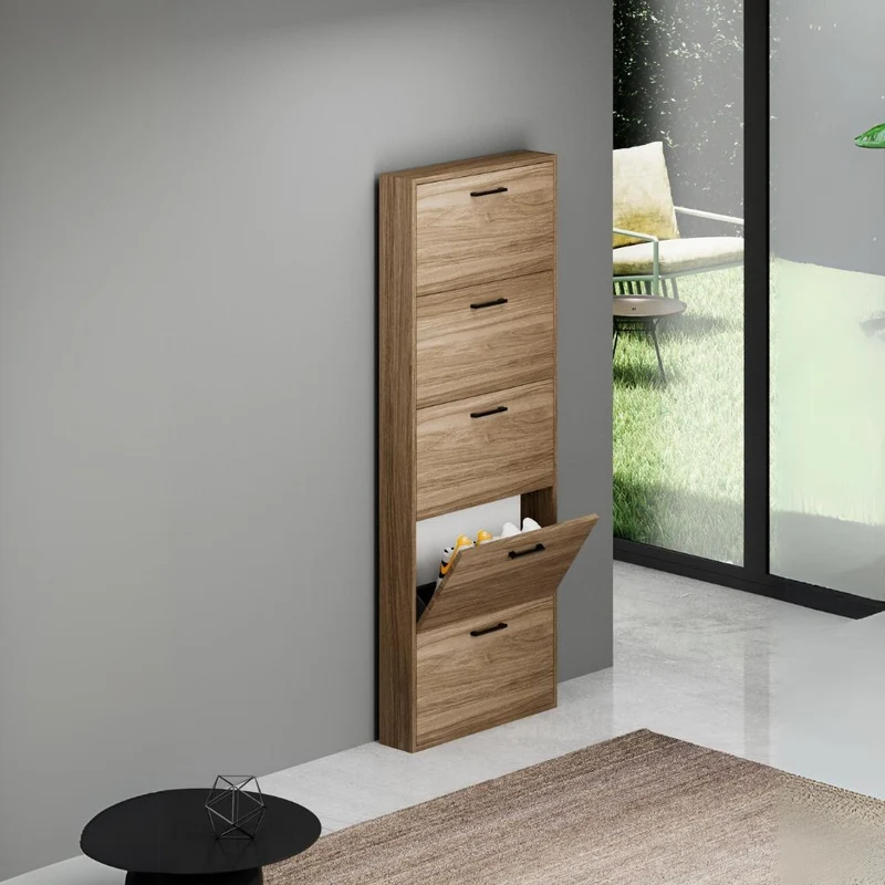 Scarpiera slim salvaspazio con 5 ante colore noce naturale 65x15x180H cm - Serena