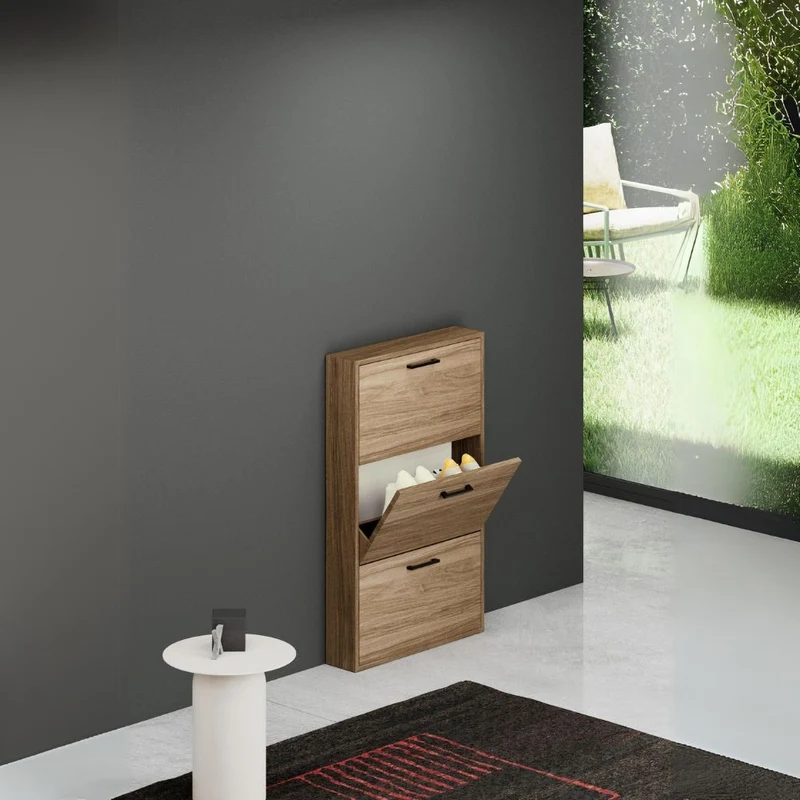 Scarpiera slim salvaspazio con 3 ante colore noce naturale 65x15x108H cm - Serena