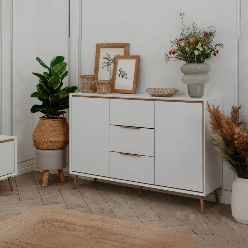 Madia con 2 ante e 3 cassetti colore bianco e particolari quercia 135x90H cm - Borgo