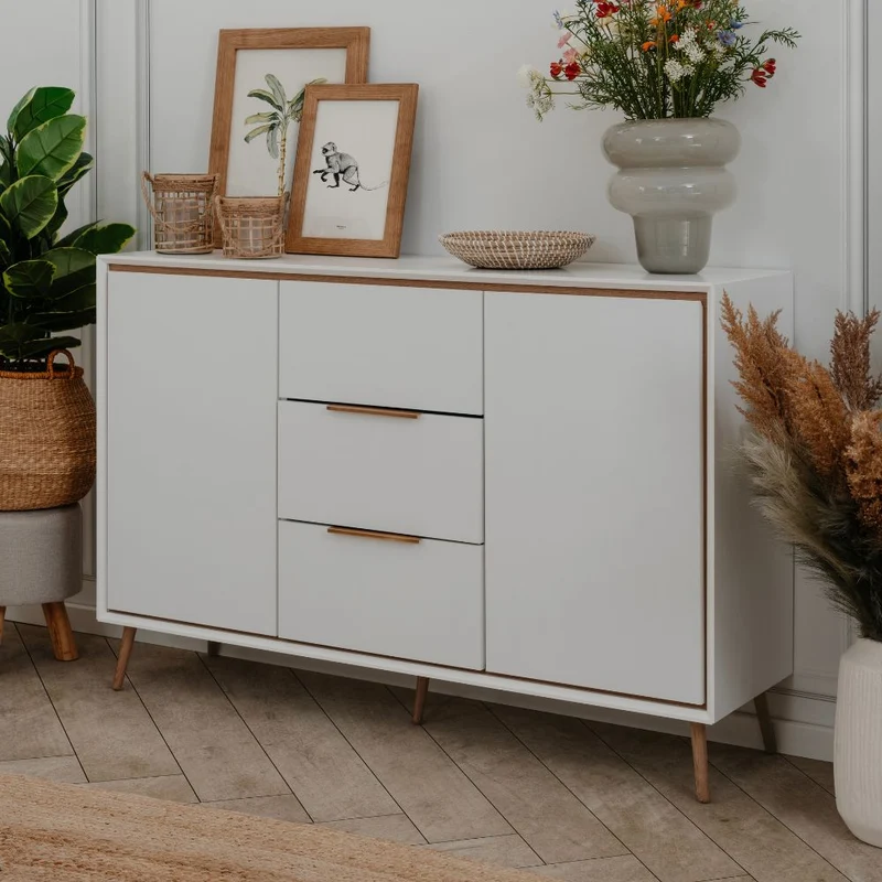 Madia con 2 ante e 3 cassetti colore bianco e particolari quercia 135x90H cm - Borgo