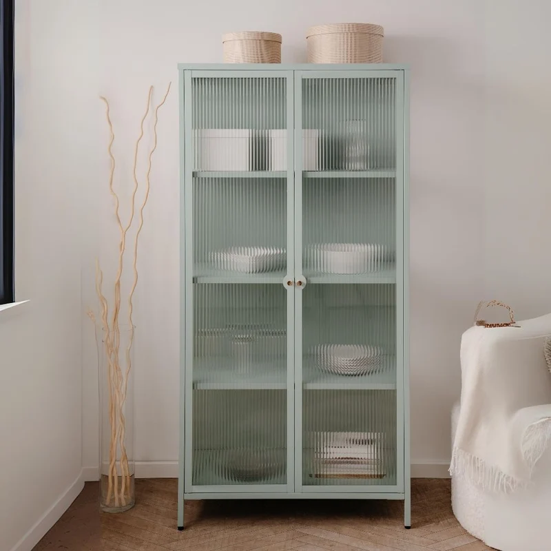 Vetrina 2 ante in vetro scanalato temperato e acciaio laminato verde menta 80x160H cm - Menny