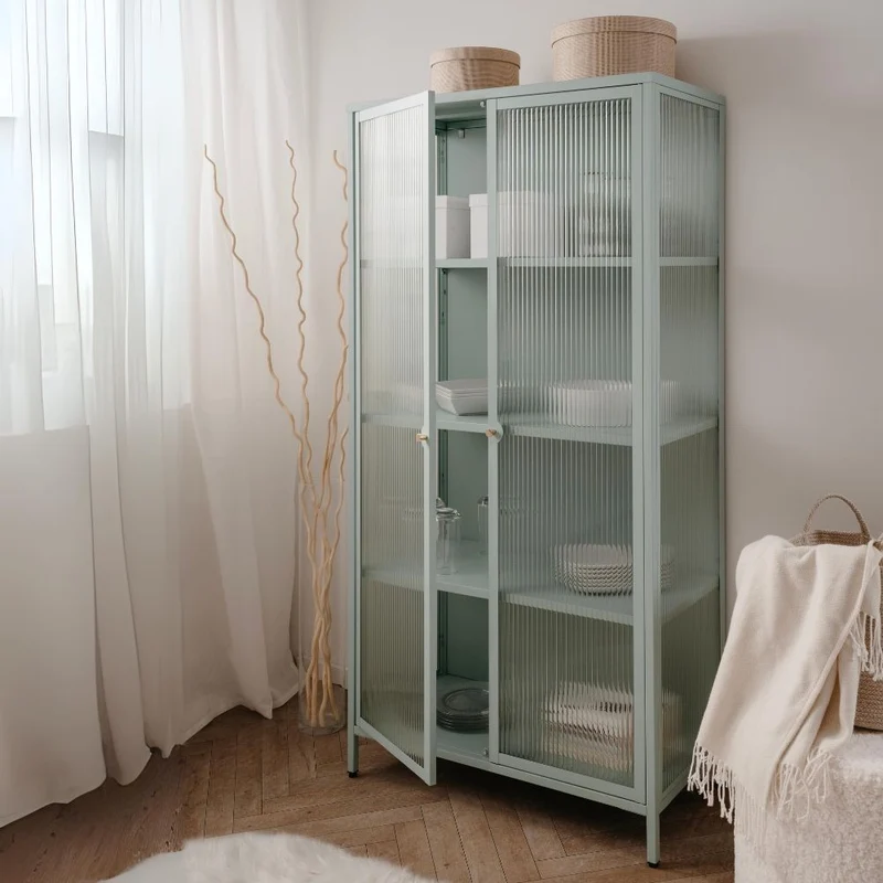 Vetrina 2 ante in vetro scanalato temperato e acciaio laminato verde menta 80x160H cm - Menny