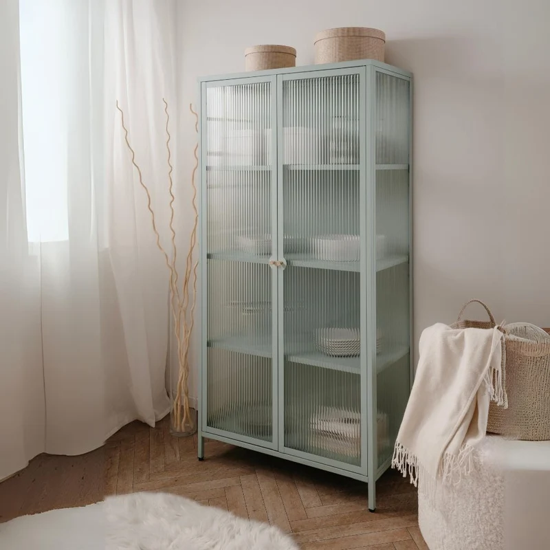Vetrina 2 ante in vetro scanalato temperato e acciaio laminato verde menta 80x160H cm - Menny