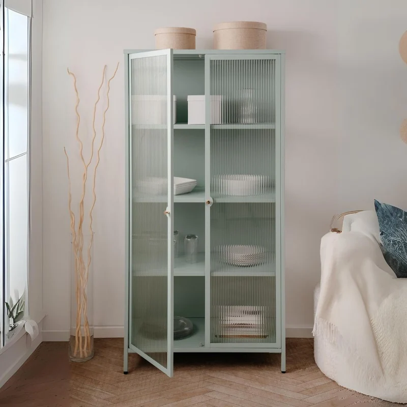 Vetrina 2 ante in vetro scanalato temperato e acciaio laminato verde menta 80x160H cm - Menny