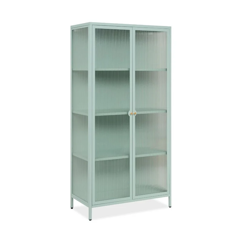 Vetrina 2 ante in vetro scanalato temperato e acciaio laminato verde menta 80x160H cm - Menny