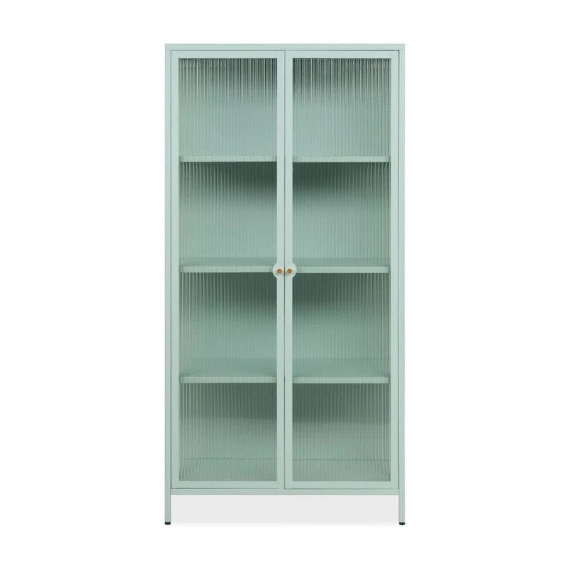 Vetrina 2 ante in vetro scanalato temperato e acciaio laminato verde menta 80x160H cm - Menny