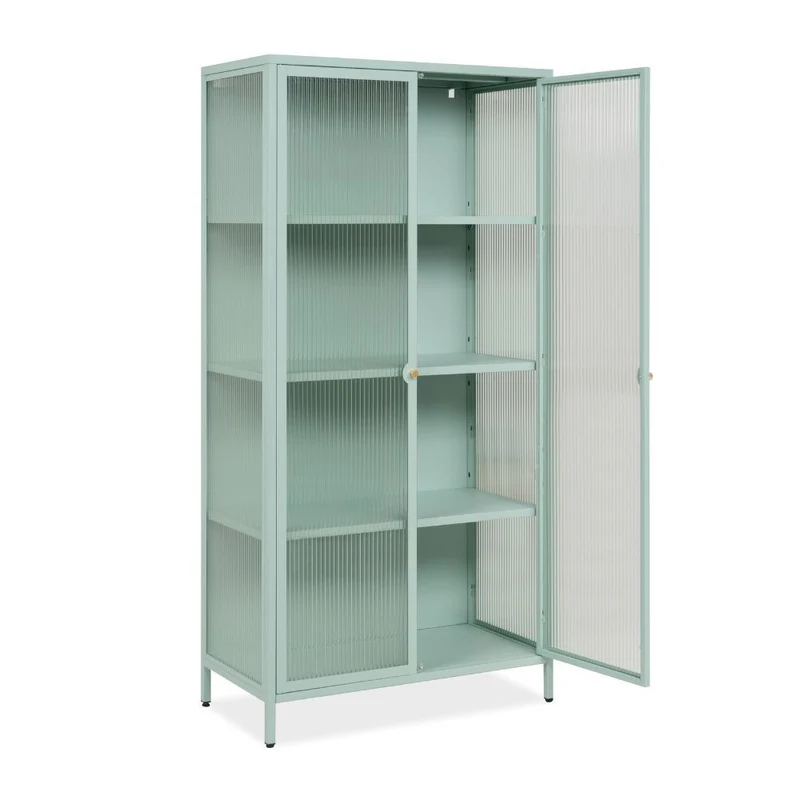 Vetrina 2 ante in vetro scanalato temperato e acciaio laminato verde menta 80x160H cm - Menny