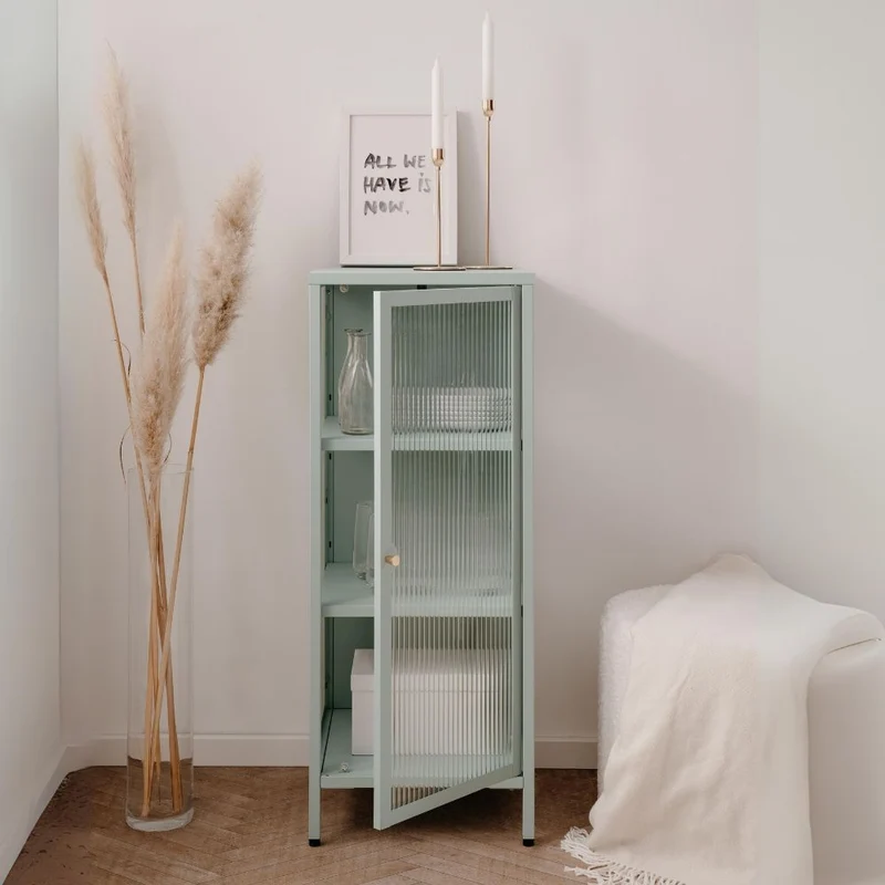 Vetrina in vetro scanalato temperato e acciaio laminato verde menta 40x101.5H cm - Menny