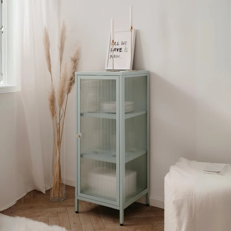Vetrina in vetro scanalato temperato e acciaio laminato verde menta 40x101.5H cm - Menny