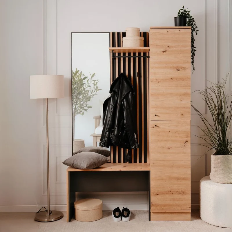 Mobile ingresso con frontale cannettato e specchio colore quercia e antracite 122x190H cm - Medan