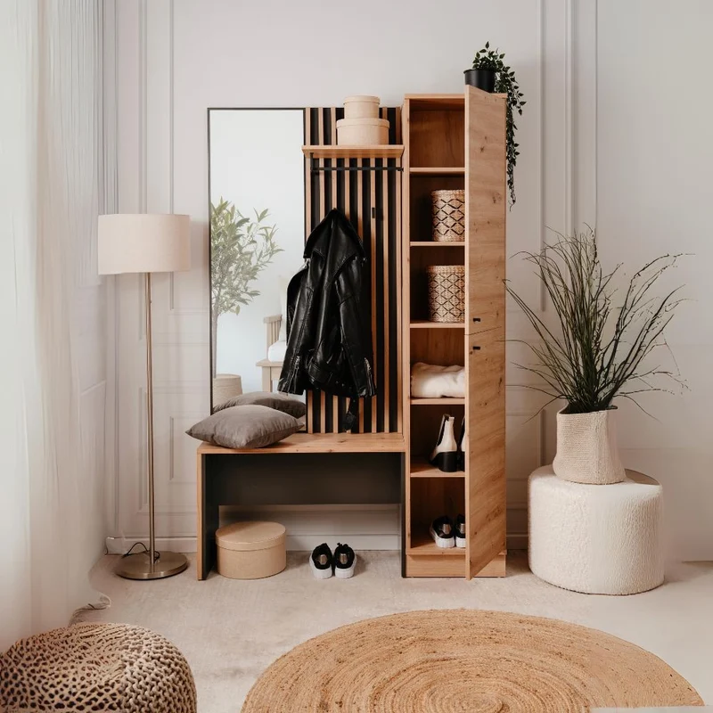 Mobile ingresso con frontale cannettato e specchio colore quercia e antracite 122x190H cm - Medan