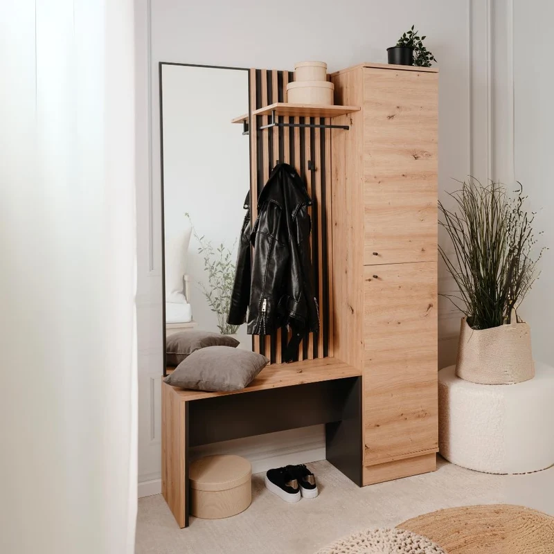 Mobile ingresso con frontale cannettato e specchio colore quercia e antracite 122x190H cm - Medan