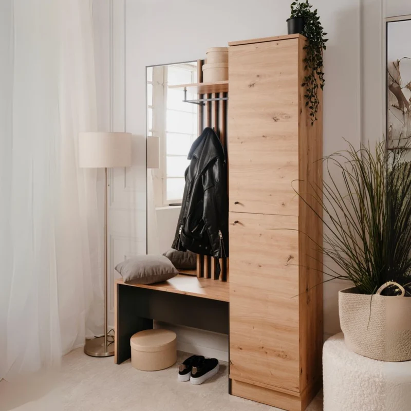 Mobile ingresso con frontale cannettato e specchio colore quercia e antracite 122x190H cm - Medan