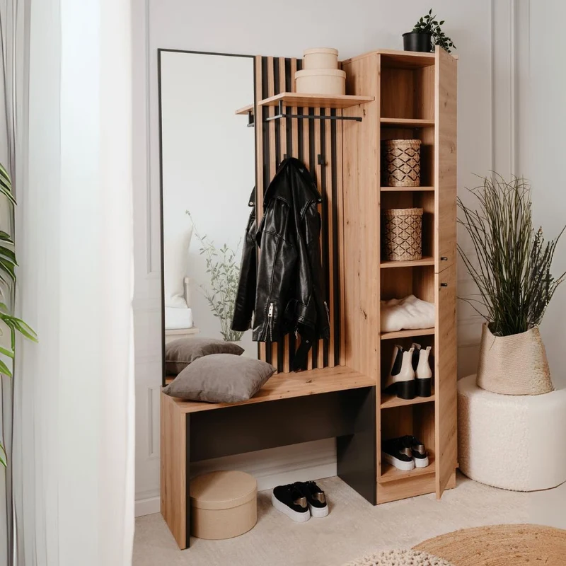 Mobile ingresso con frontale cannettato e specchio colore quercia e antracite 122x190H cm - Medan