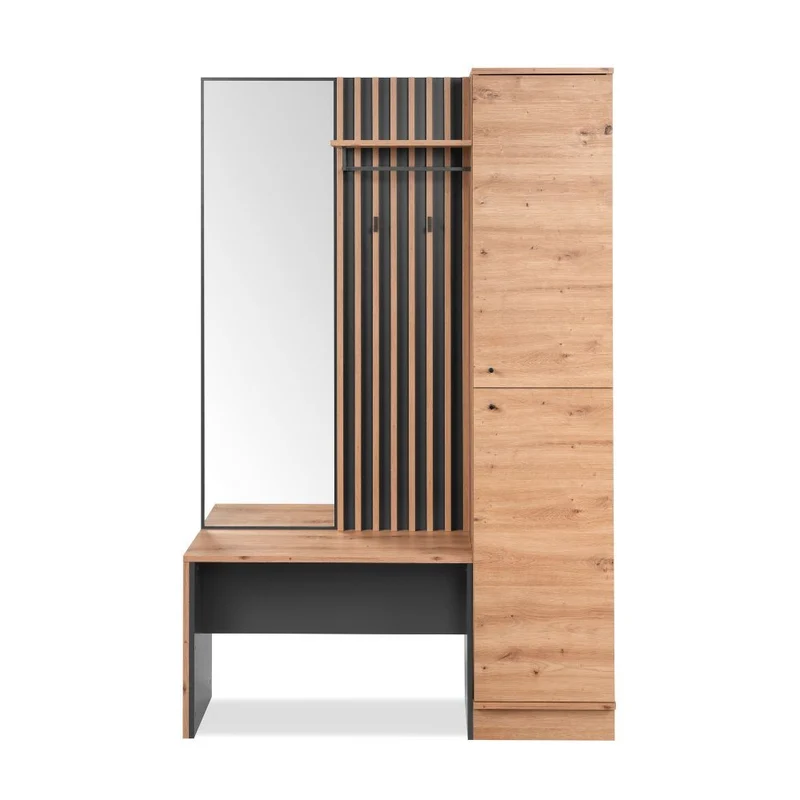 Mobile ingresso con frontale cannettato e specchio colore quercia e antracite 122x190H cm - Medan