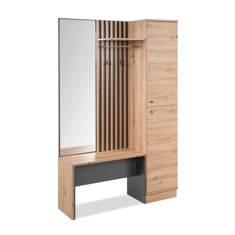 Mobile ingresso con frontale cannettato e specchio colore quercia e antracite 122x190H cm - Medan