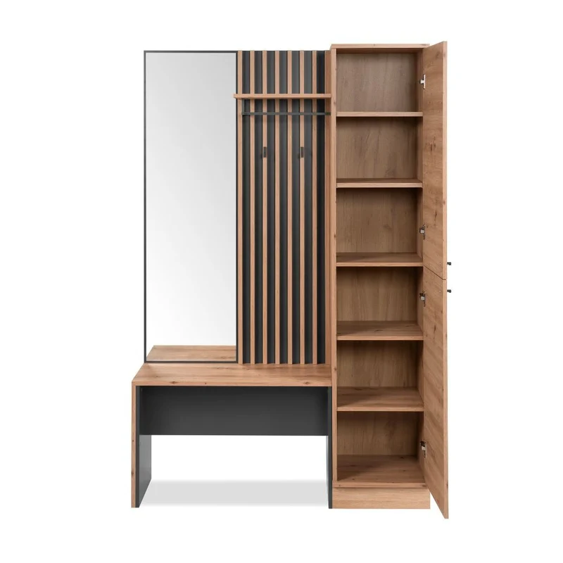 Mobile ingresso con frontale cannettato e specchio colore quercia e antracite 122x190H cm - Medan