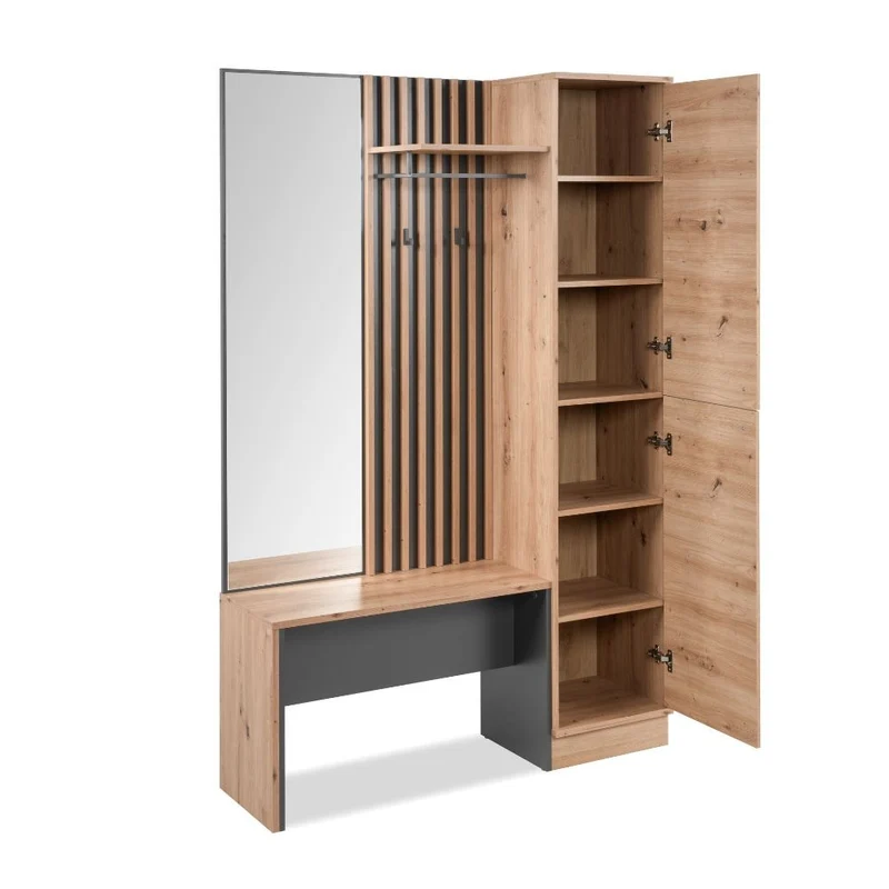 Mobile ingresso con frontale cannettato e specchio colore quercia e antracite 122x190H cm - Medan