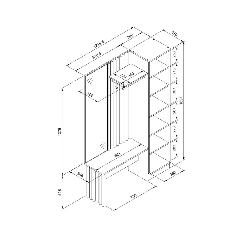 Mobile ingresso con frontale cannettato e specchio colore quercia e antracite 122x190H cm - Medan