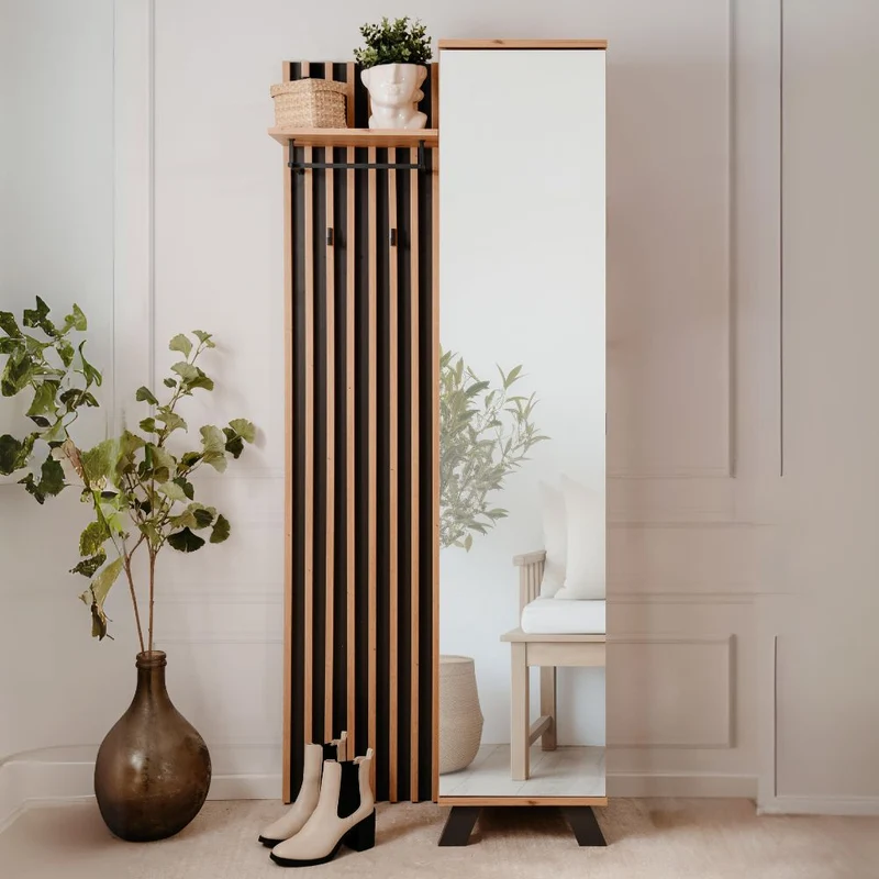 Mobile ingresso con frontale cannettato e anta a tutto specchio colore quercia e antracite 80x190H cm - Medan4