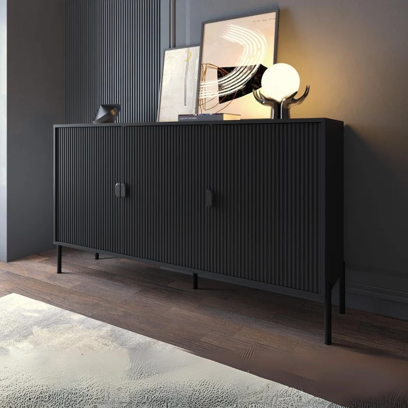 Madia con 3 ante e frontali cannettati colore nero opaco 153.5x49x87.4H cm - Blast