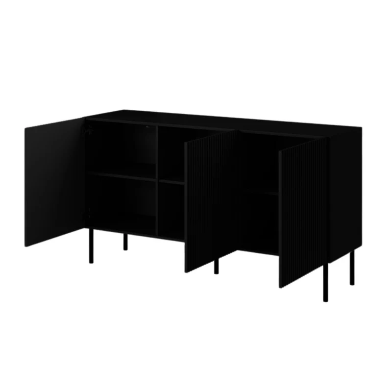 Madia con 3 ante e frontali cannettati colore nero opaco 153.5x49x87.4H cm - Blast