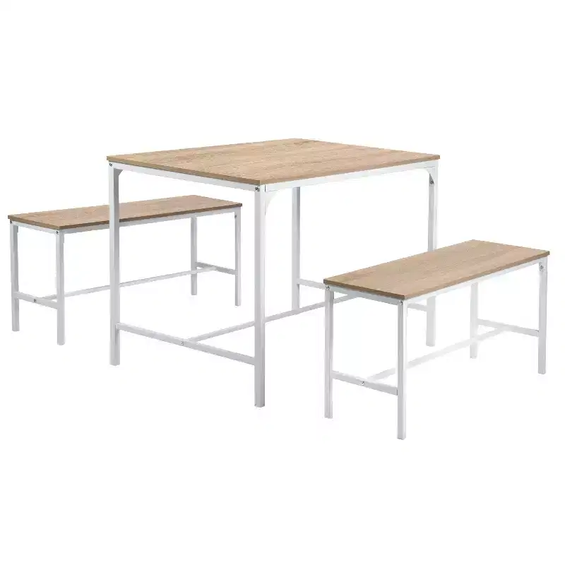 Ensemble de salle à manger FurnitureR 3 pièces, Table de cuisine de 110 cm avec 2 bancs de salle à manger pour 4, Panneau MDF, Dînette pour la maison, restaurant, Hêtre Blanc