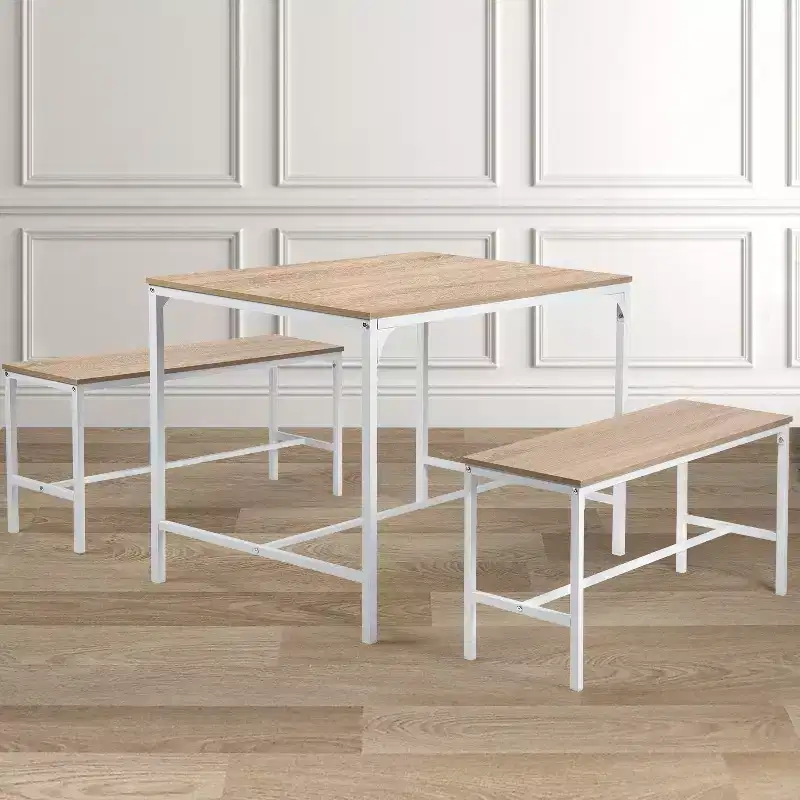 Ensemble de salle à manger FurnitureR 3 pièces, Table de cuisine de 110 cm avec 2 bancs de salle à manger pour 4, Panneau MDF, Dînette pour la maison, restaurant, Hêtre Blanc