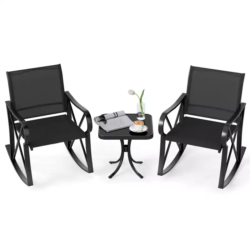 Ensemble de 3 pièces de mobilier de jardin Costway avec 2 fauteuils à bascule et 1 table d'appoint en verre trempé