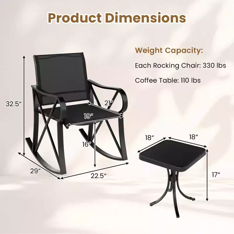 Ensemble de 3 pièces de mobilier de jardin Costway avec 2 fauteuils à bascule et 1 table d'appoint en verre trempé