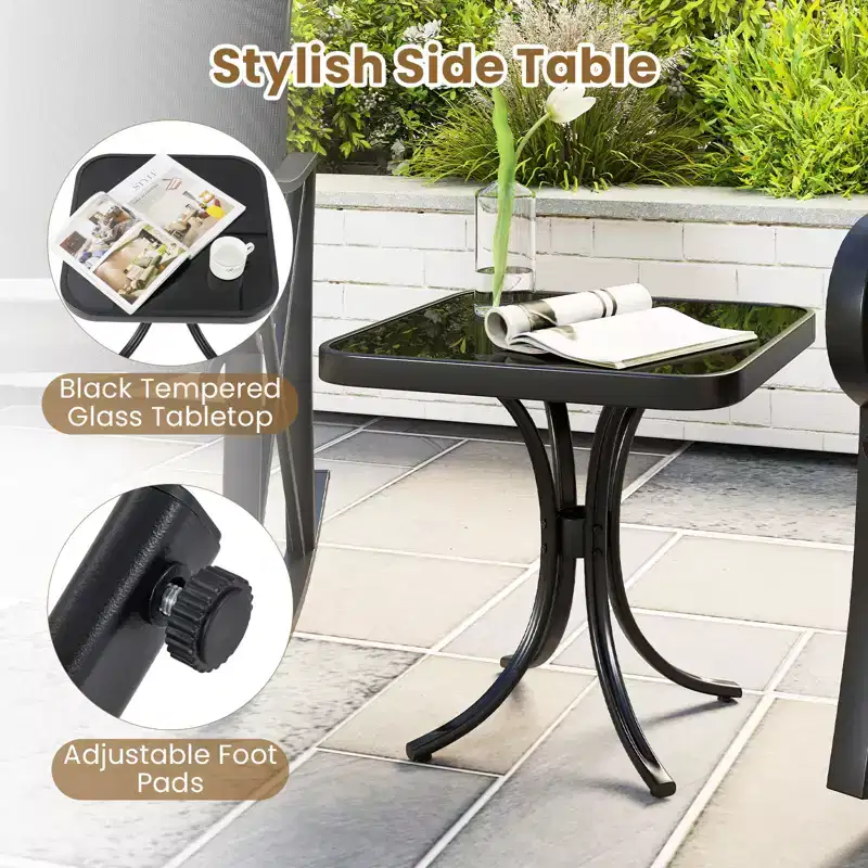 Ensemble de 3 pièces de mobilier de jardin Costway avec 2 fauteuils à bascule et 1 table d'appoint en verre trempé
