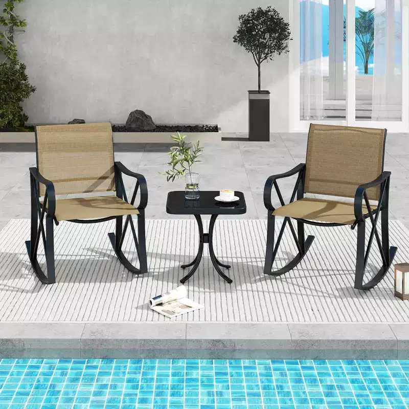 Ensemble de 3 pièces de mobilier de jardin Costway avec 2 fauteuils à bascule et 1 table d'appoint en verre trempé