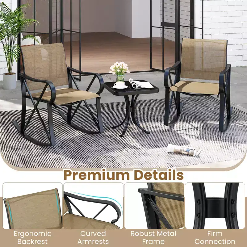 Ensemble de 3 pièces de mobilier de jardin Costway avec 2 fauteuils à bascule et 1 table d'appoint en verre trempé