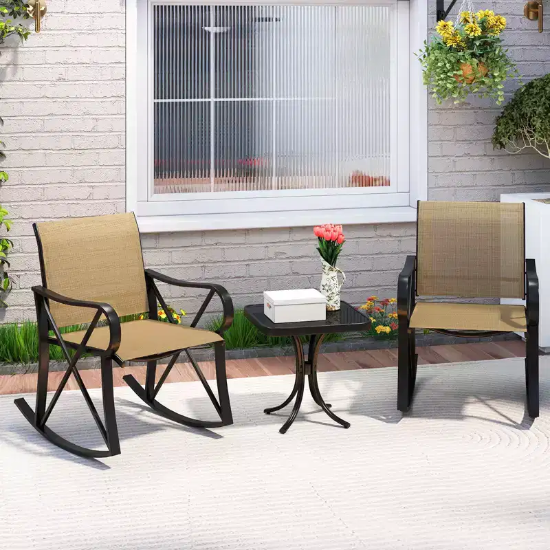 Ensemble de 3 pièces de mobilier de jardin Costway avec 2 fauteuils à bascule et 1 table d'appoint en verre trempé