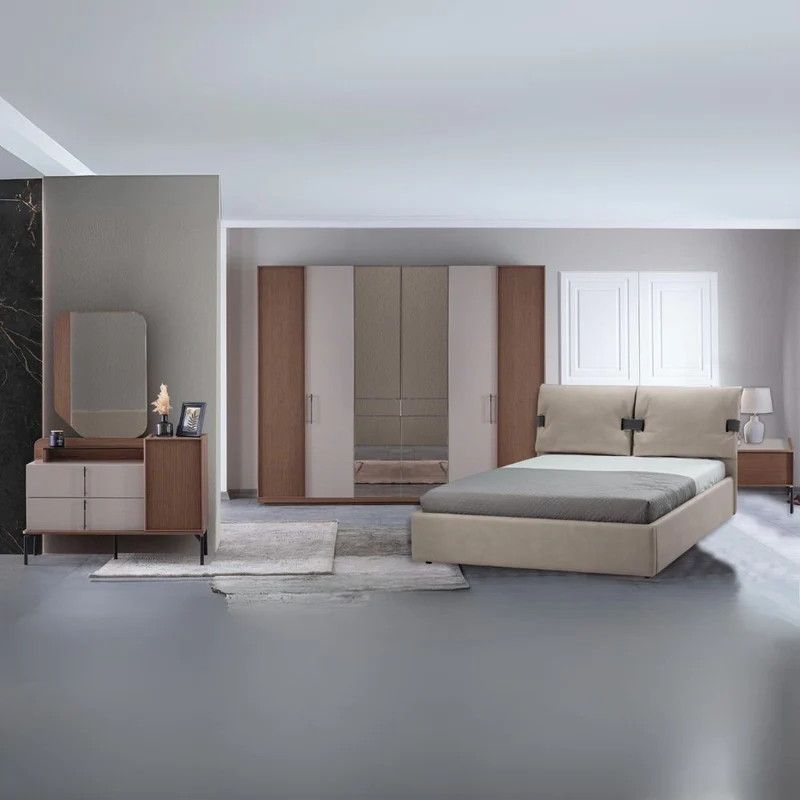 Camera da letto con letto contenitore e armadio con specchi colore beige e kaplan - Vega