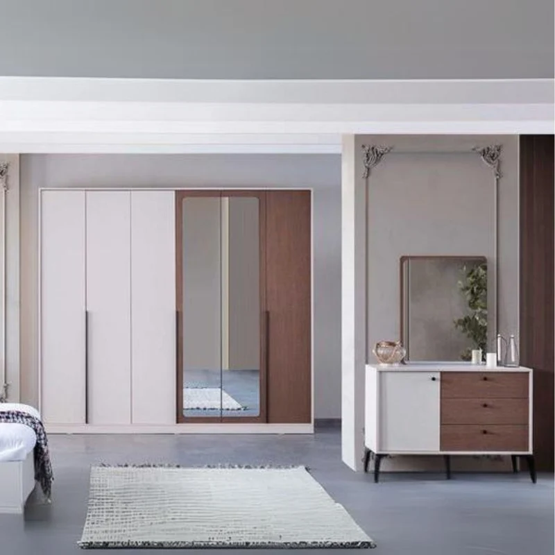 Camera da letto con armadio con specchi e letto contenitore colore beige - Piedra