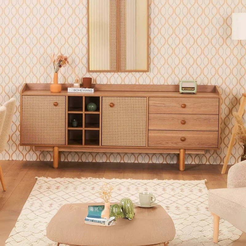 Madia 2 ante effetto vimini con cassetti e vani a giorno finitura rovere miele 206x86H cm - Natura