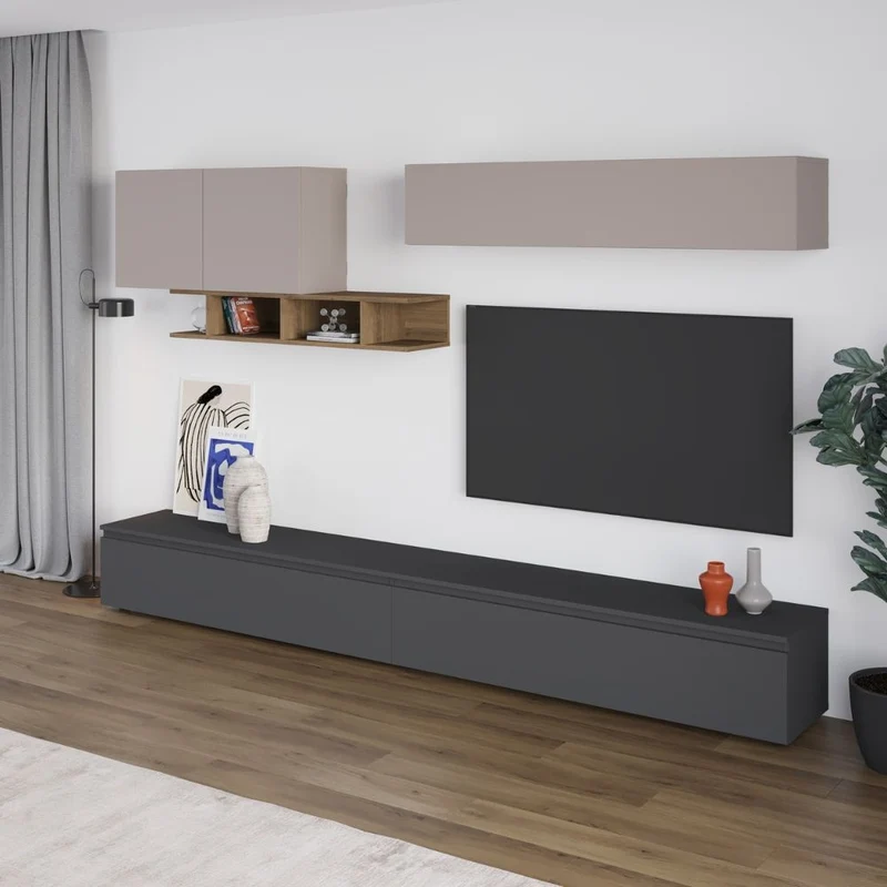 Parete attrezzata colore antracite e tortora con particolari noce 300 cm - Monica