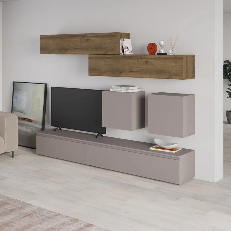 Parete attrezzata colore tortora e noce 250x186H cm - Licia