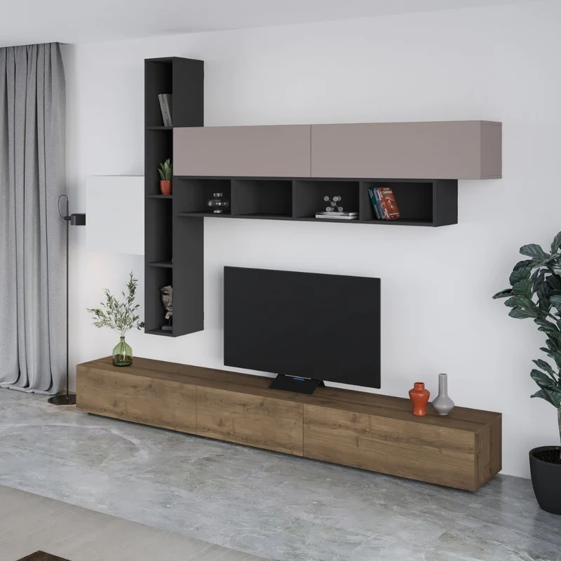 Parete attrezzata colore noce antracite bianco e tortora 275x205H cm - Fashion