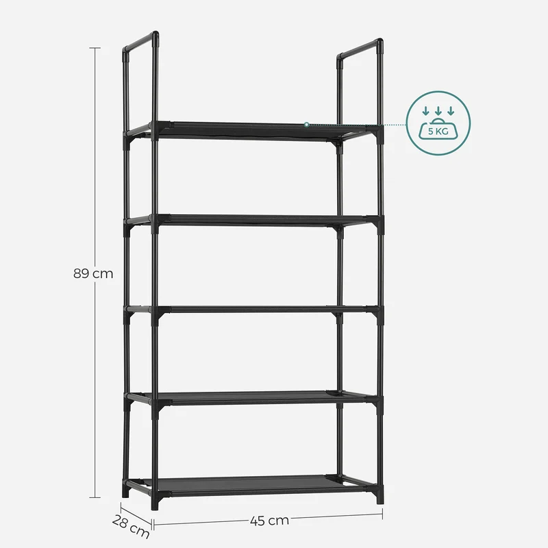 Étagère à chaussures 5 niveaux rangement entrée 45 x 28 x 89 cm capacité 5 kg design contemporain en métal noir 12_0010769