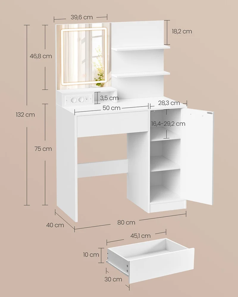 Coiffeuse table de maquillage avec miroir 40 x 80 x 132 cm rangement 1 tiroir 2 étagères style moderne en panneau d’aggloméré blanc 12_0009919