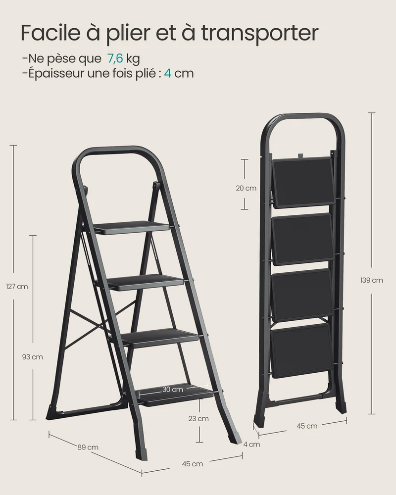 Échelle marchepied pliante 2 marches antidérapant 89 x 45 x 127 cm usage intérieur extérieur en acier noir 12_0008495