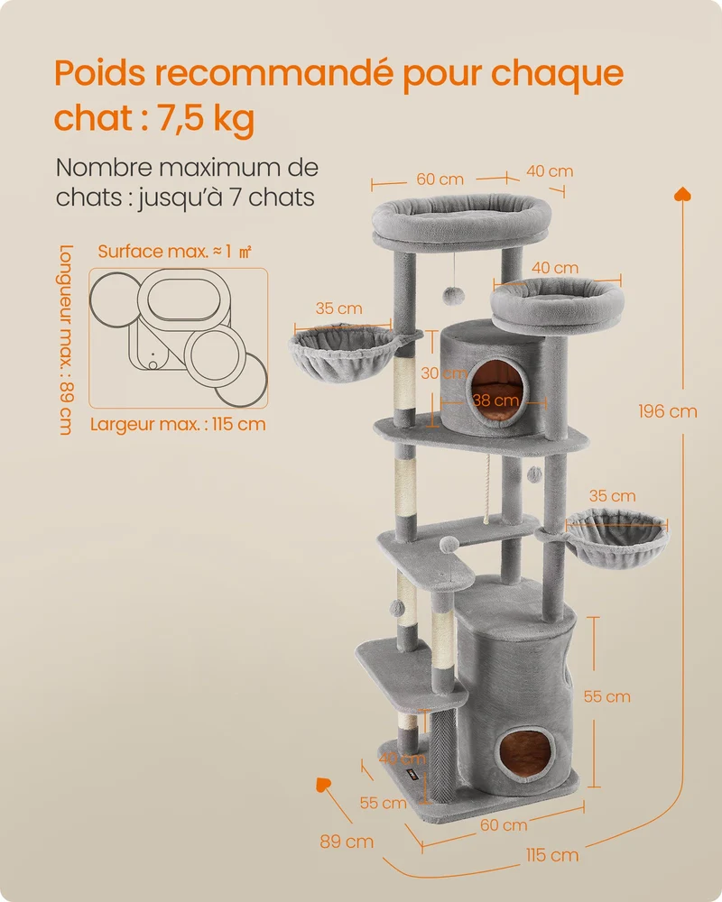 Arbre à chat 196 cm forme de tour poteau griffoir intérieur multi-niveaux 2 plateformes 3 niches 2 hamacs 4 pompons tissu peluche gris clair 12_0003801