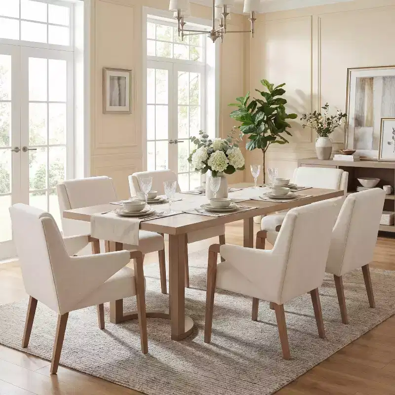 Christopher Knight Home Harish Ensemble de salle à manger moderne 7 pièces en bois d'hévéa rembourré en lin avec table rectangulaire