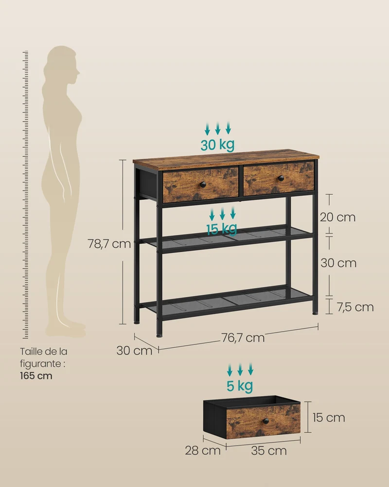 Table console moderne avec éclairage LED 76,7 x 30 x 78,7 cm design épuré 2 tiroirs en panneau MDF marron rustique 12_0013161