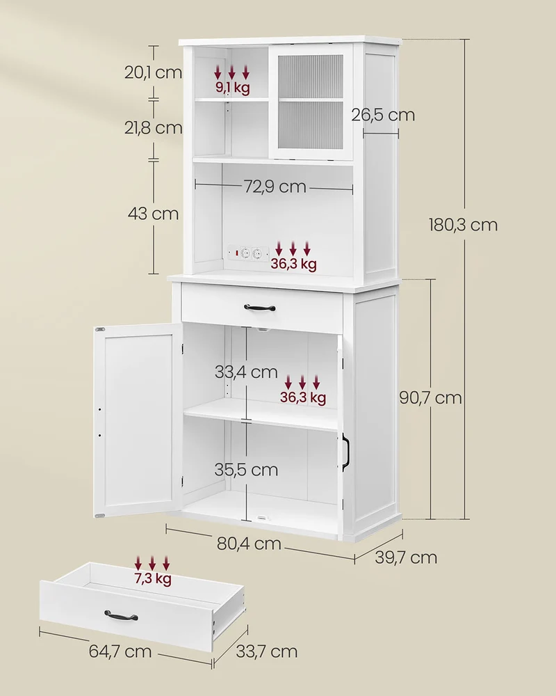 Meuble de rangement avec portes et tiroirs étagères réglables 39,7 x 80,4 x 180,3 cm style campagne en aggloméré blanc 12_0012995