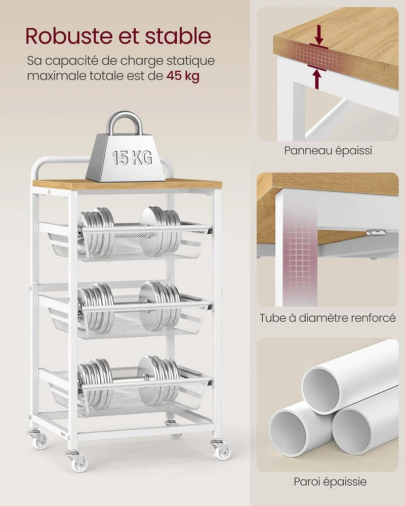 Chariot de cuisine sur roulettes pratique avec paniers amovibles 31,7 x 40 x 76 cm en aggloméré doré chêne 12_0012923