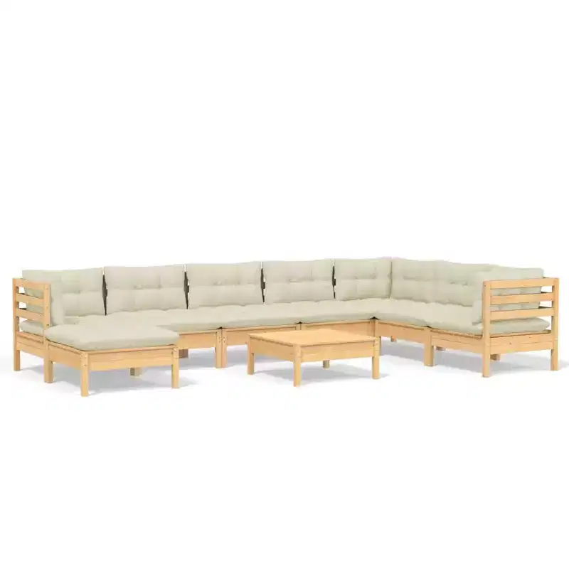 vidaXL Salon de jardin 9 pièces en pin massif avec coussins crème – Configuration modulable pour jardin, terrasse et espaces extérieurs